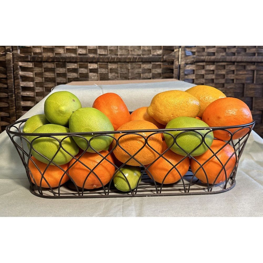 Decorative Ornate Metal Tabletop 16" x 6.5" Metal Basket With Faux Fruit